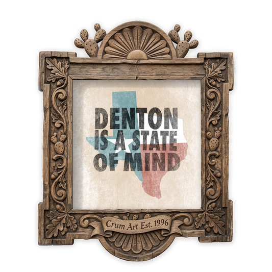 Denton State of Mind — Denton art print by Betsy Crum in a square carved wood frame