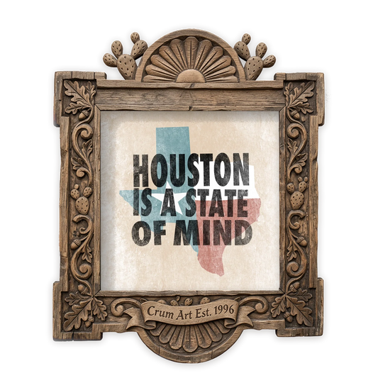 Houston State of Mind — Houston art print by Betsy Crum in a square carved wood frame