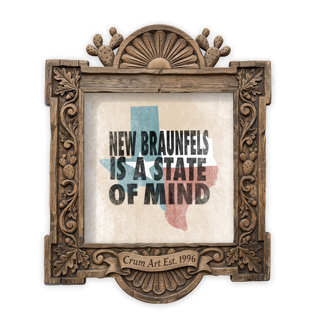 New Braunfels State of Mind — New Braunfels art print by Betsy Crum in a square carved wood frame