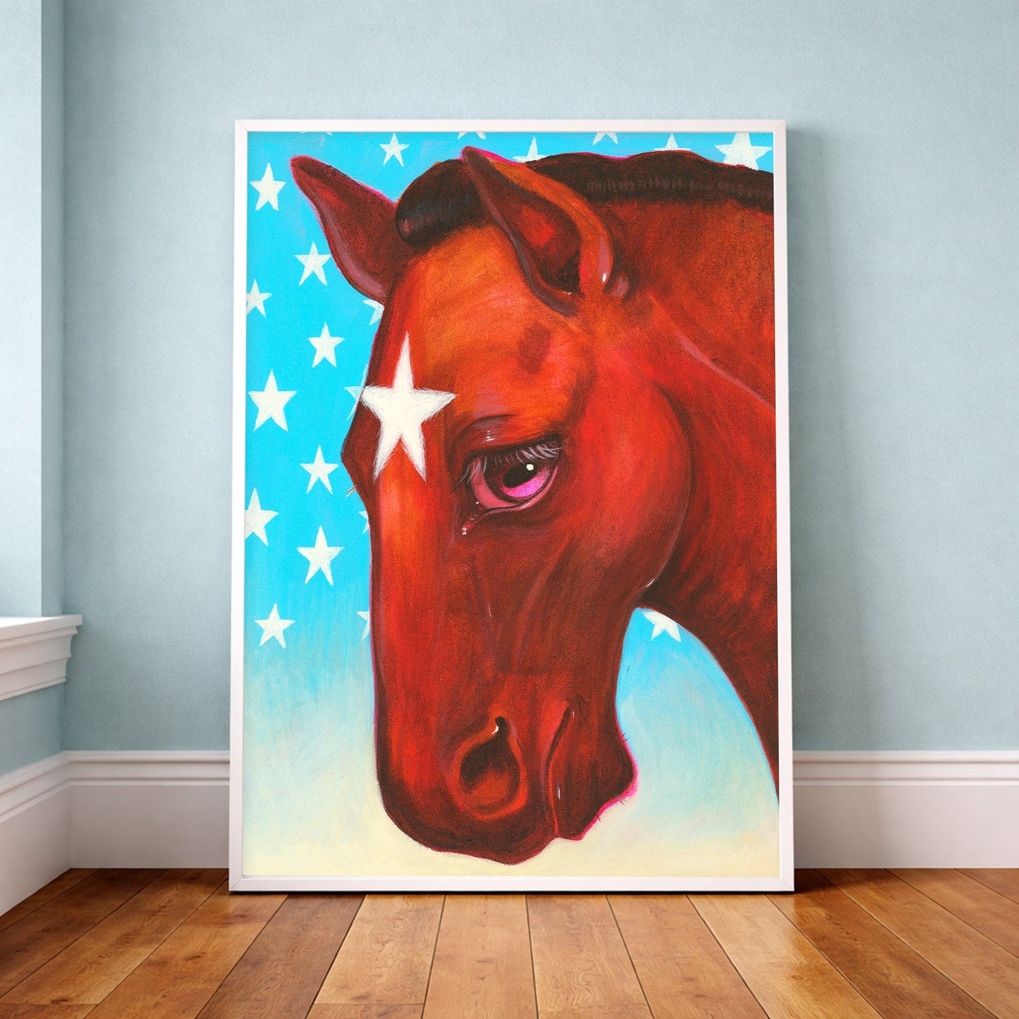 Star Horse Dreamer Rodeo Queen Print styled in a room, red horse portrait with white star and blue background