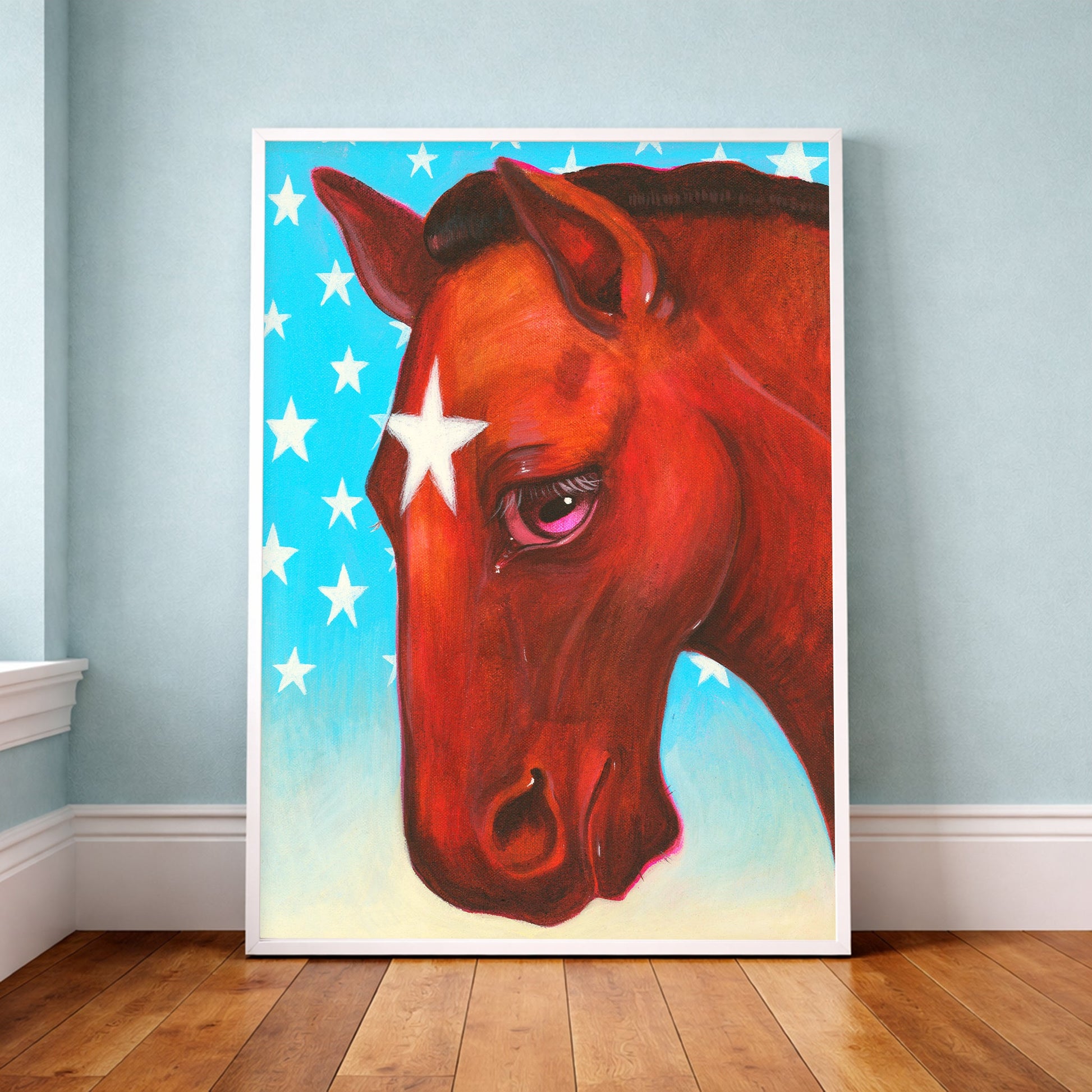Star Horse Dreamer Rodeo Queen Print styled in a room, red horse portrait with white star and blue background