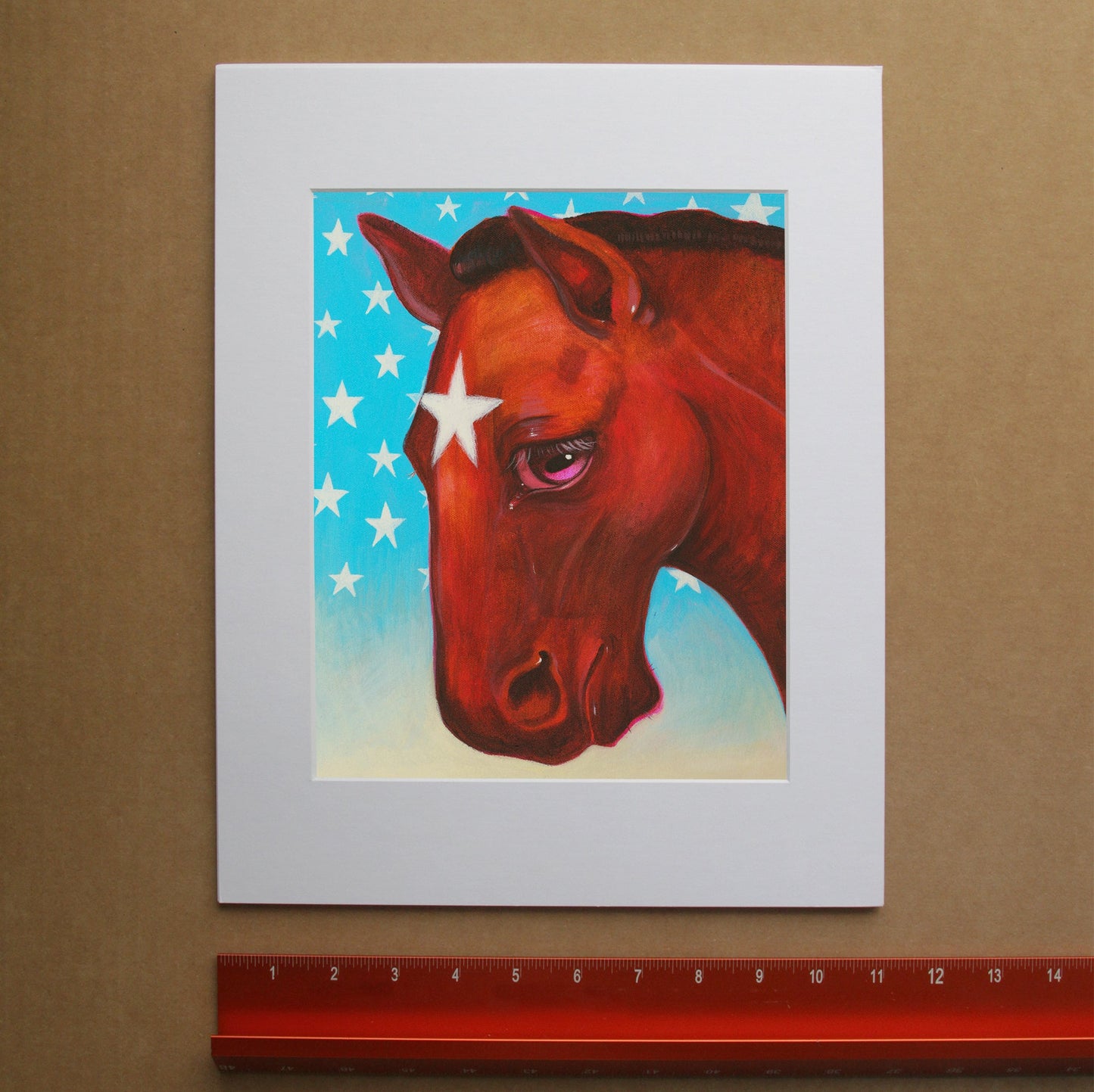 Star Horse Dreamer Rodeo Queen Print by Caya Crum Art, red horse portrait with white star against a blue star background