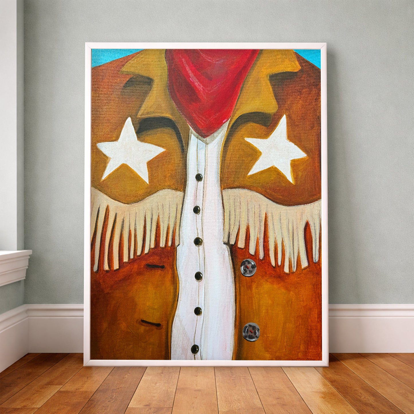 Cowboy Stars Rodeo Fringe Vest Print styled in a room, western fringe vest artwork with white stars