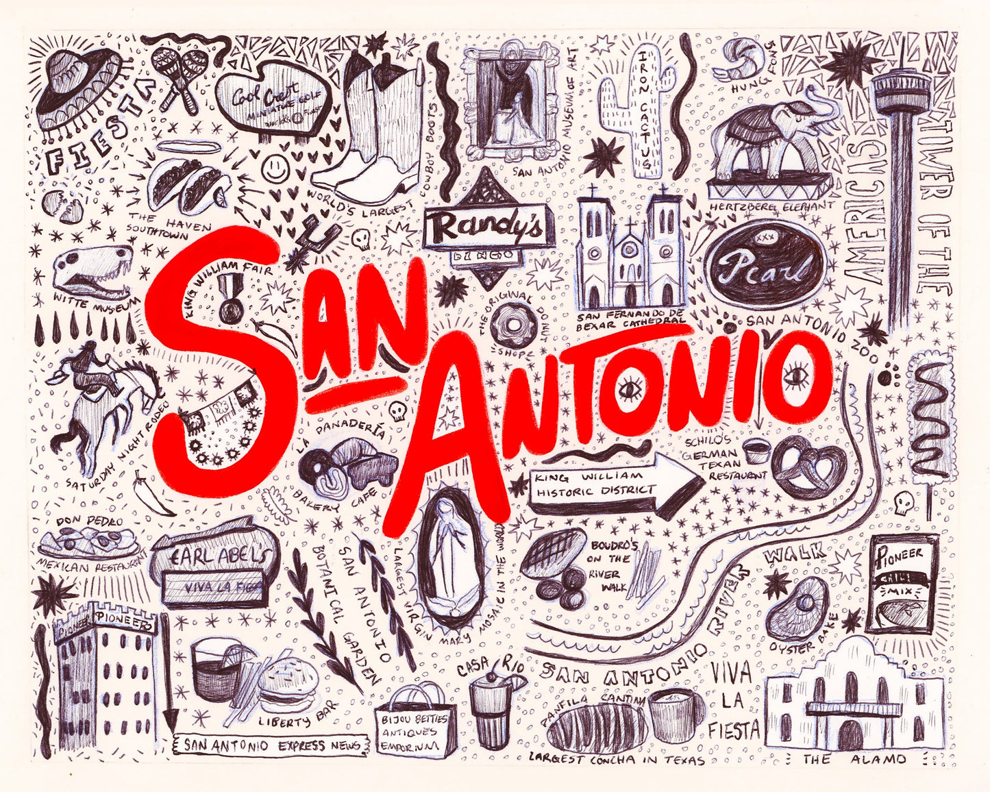 San Antonio Art - San Antonio Icons Pen & Ink Print | Caya Crum Art