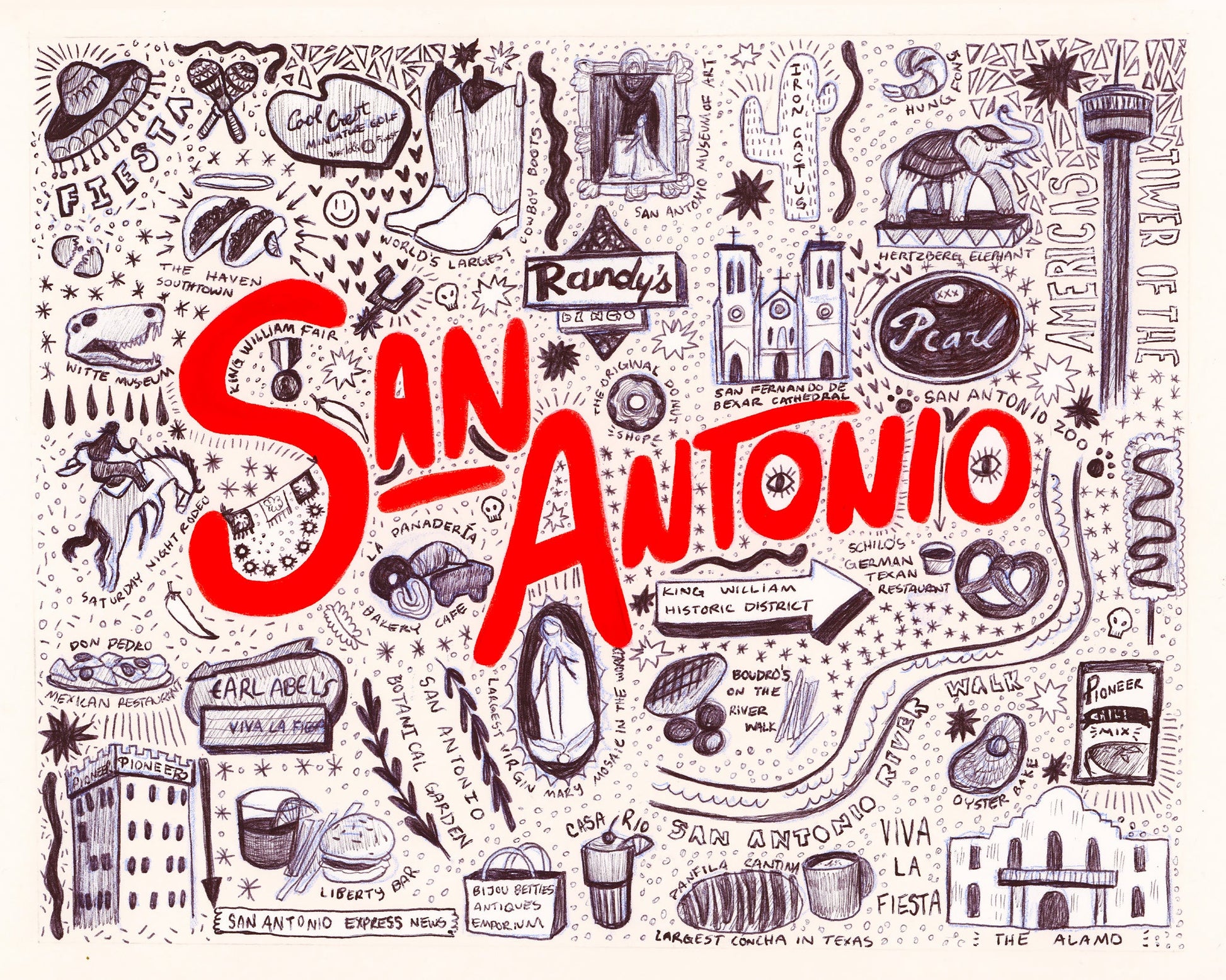 San Antonio Art - San Antonio Icons Pen & Ink Print | Caya Crum Art