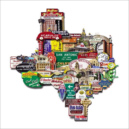 San Antonio Art - San Antonio Signs & Landmarks Texas-Shaped Collage Print | Betsy Crum Art