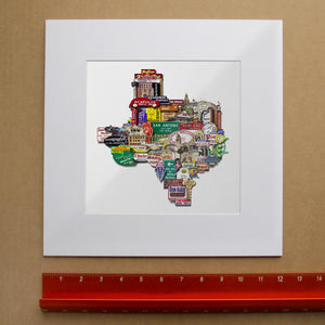 San Antonio Art - Signs & Landmarks Texas-Shaped Collage Print | Carl Crum Art in matted square frame mockup