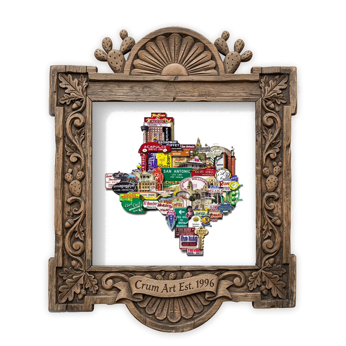 Texas Shaped Landmarks — San Antonio art print by Betsy Crum in a square carved wood frame