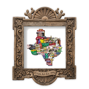 Texas Shaped Landmarks — San Antonio art print by Betsy Crum in a square carved wood frame