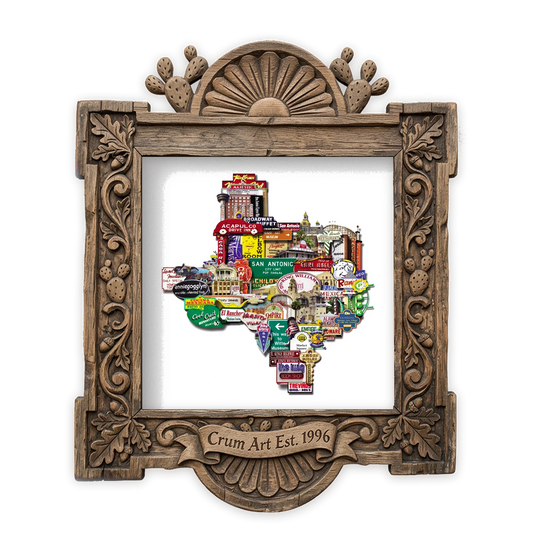 Texas Shaped Landmarks — San Antonio art print by Betsy Crum in a square carved wood frame