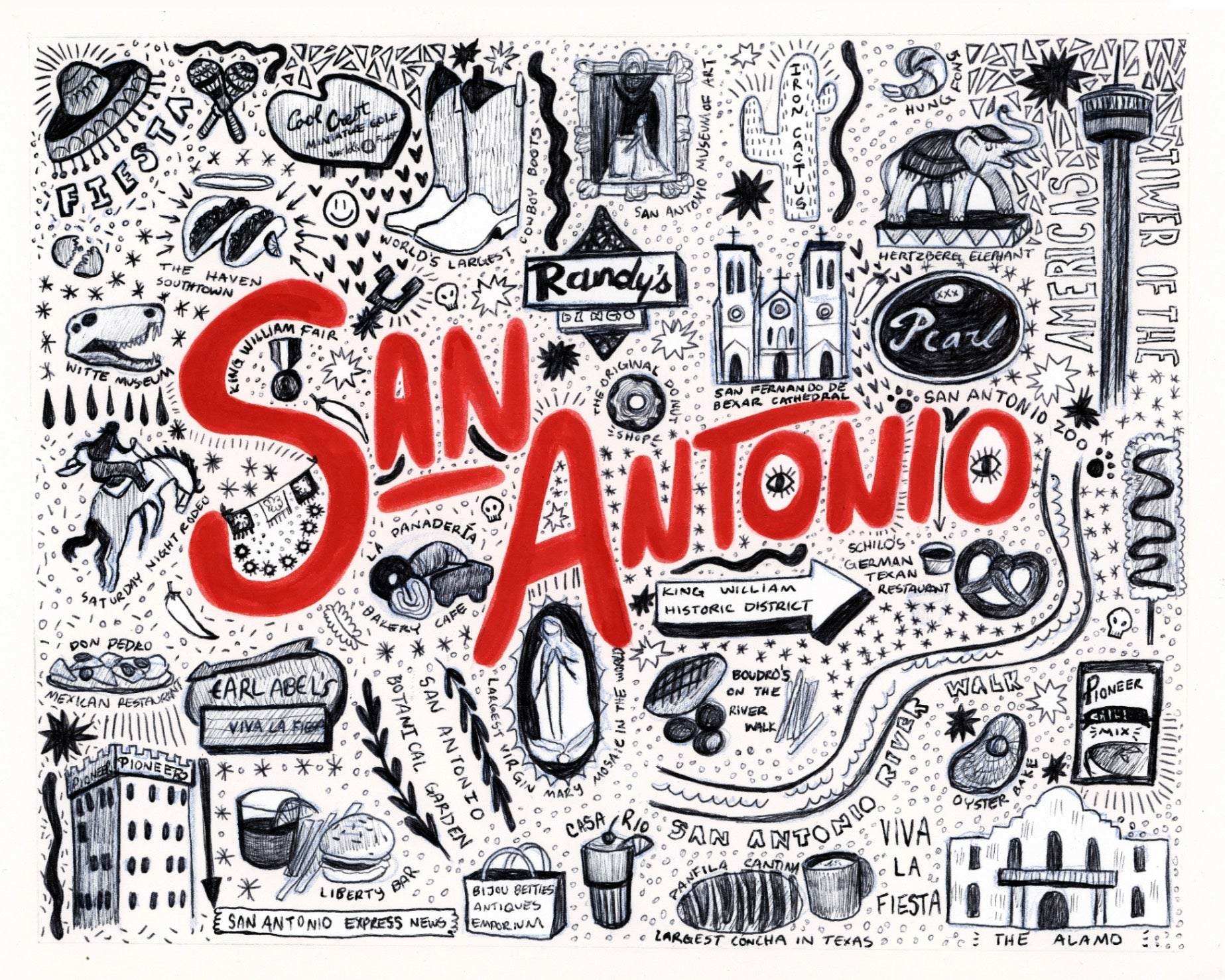 San Antonio Icons pen and ink illustration art print by Caya Crum featuring Texas landmarks and cultural elements