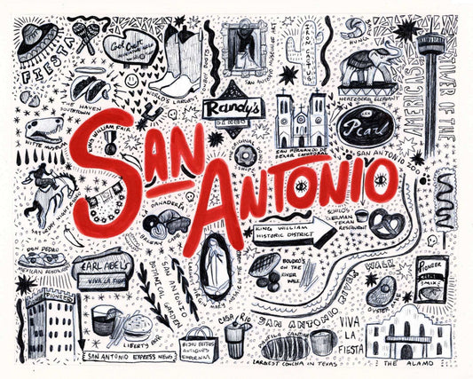 San Antonio Icons pen and ink illustration art print by Caya Crum featuring Texas landmarks and cultural elements