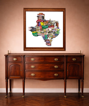 San Antonio Landmarks Texas Shape Art Print by Betsy Crum, inspired by local signs, familiar landmarks, and the layered city memory of San Antonio arranged inside the shape of Texas, available at crumart.com. This museum quality print is made right here in Texas.