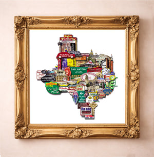 San Antonio Texas Shape Collage Print by Betsy Crum, inspired by San Antonio landmarks, vintage signs, and the kind of city collage art that makes a meaningful gift for locals and homesick Texans, available at crumart.com. This museum quality print is made right here in Texas.