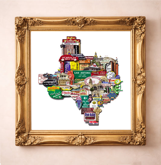 San Antonio Texas Shape Collage Print by Betsy Crum, inspired by San Antonio landmarks, vintage signs, and the kind of city collage art that makes a meaningful gift for locals and homesick Texans, available at crumart.com. This museum quality print is made right here in Texas.