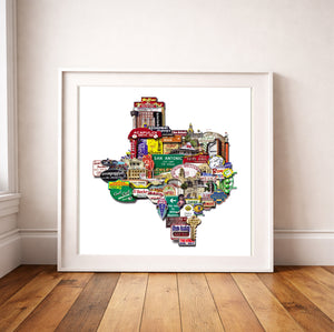 San Antonio Wall Decor by Betsy Crum. A Texas Shape Collage Print of vintage signs, and the kind of city collage art that makes a meaningful gift for locals and homesick Texans, available at crumart.com. This museum quality print is made right here in Texas.