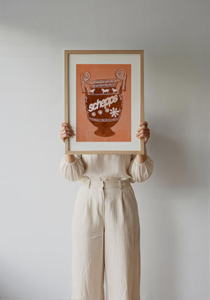 Schepps Milk Amphora kitchen art print by Betsy Crum — framed with velvet mat