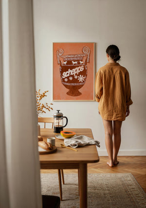 Schepps Milk Amphora kitchen art print by Betsy Crum — framed with velvet mat