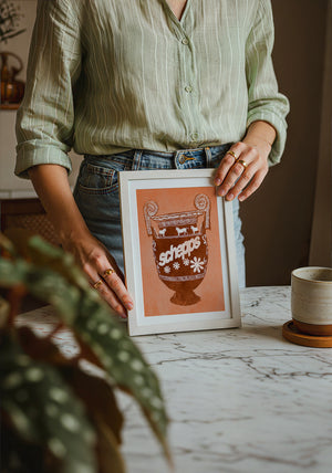 Schepps Milk Amphora kitchen art print by Betsy Crum — neutral frame room mockup