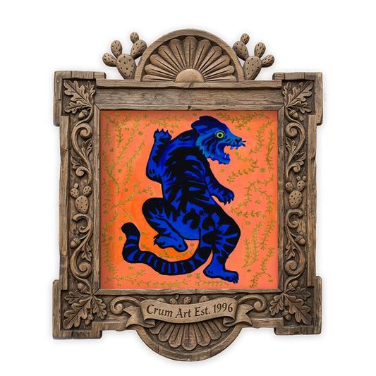 Pop Art Tiger — tiger art print by Caya Crum in a square carved wood frame