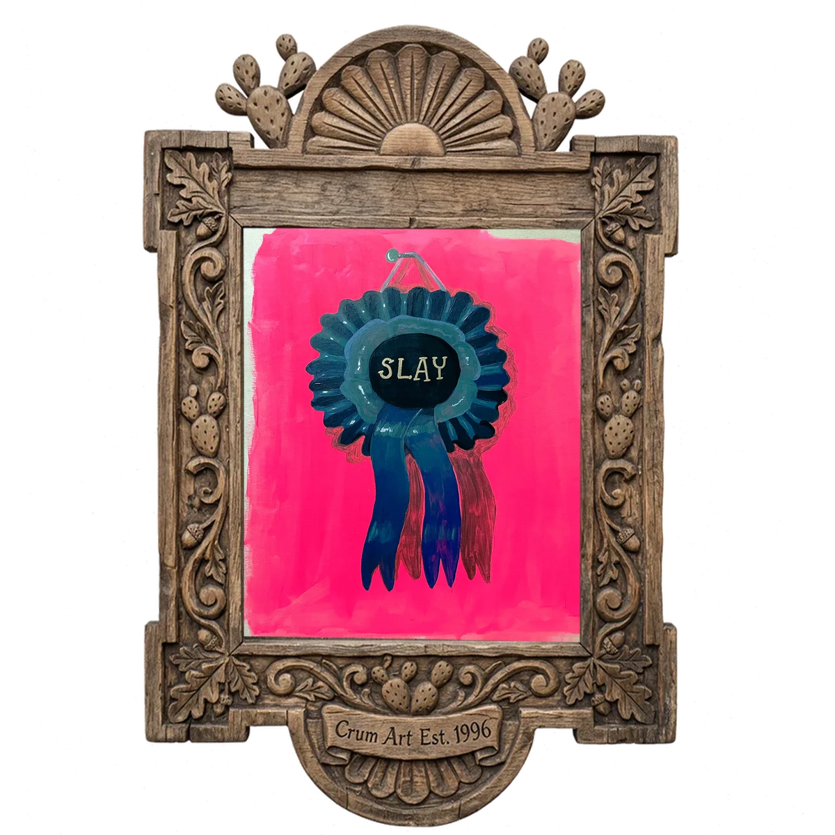 Slay Ribbon — funny art print by Caya Crum in a carved wood frame