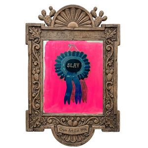 Slay Ribbon — funny art print by Caya Crum in a carved wood frame