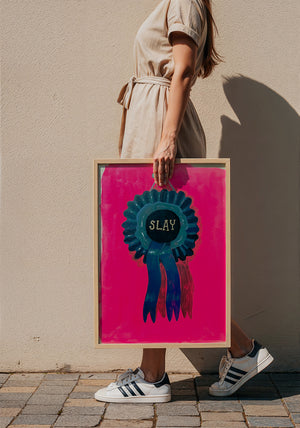 Slay Ribbon funny wall art print by Caya Crum — framed with velvet mat