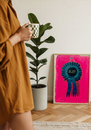 Slay Ribbon funny wall art print by Caya Crum — framed with velvet mat