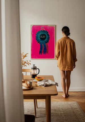 Slay Ribbon funny wall art print by Caya Crum — framed with velvet mat