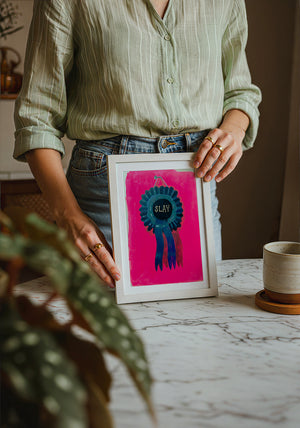 Slay Ribbon funny wall art print by Caya Crum — neutral frame room mockup