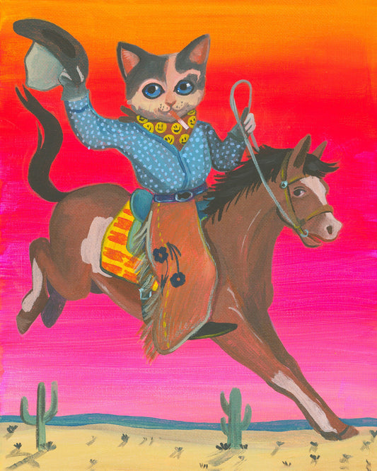 Smokey Cowboy Cat Art Print – Bronco Cowboy Riding Western Weirdcore Wall Art | Caya Crum Art Crum Art