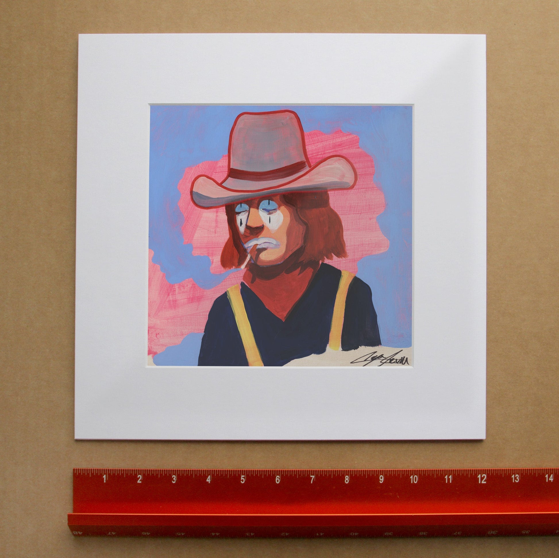 Smoking Cowboy Print — Billy Blue Suspenders Rodeo Clown Texas Western Gifts | Caya Crum in matted square frame mockup