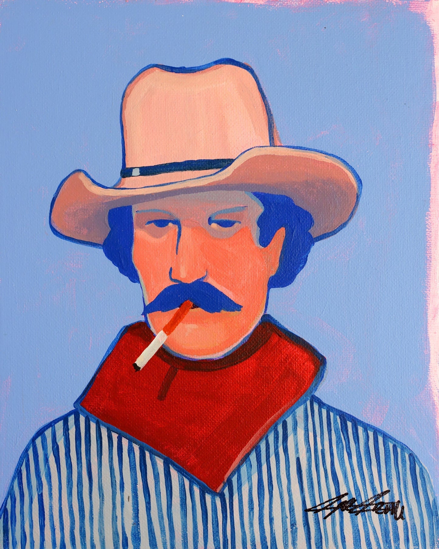 Smoking Cowboy Print — Clyde Blue Stripes Pearl Snap Texas Western Art Print | Caya Crum Crum Art