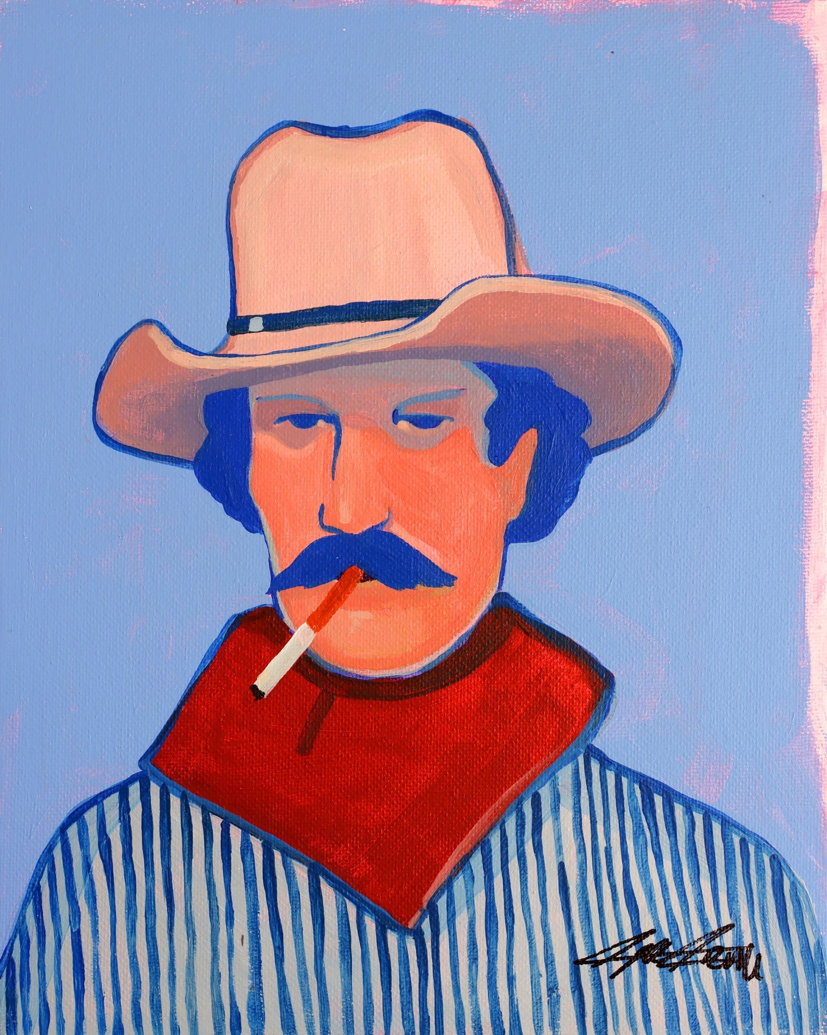 Smoking Cowboy Print — Clyde Blue Stripes Pearl Snap Texas Western Art Print | Caya Crum Crum Art