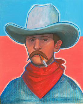 Wade smoking cowboy print by Caya Crum, red bandana Texas western art, hand-signed