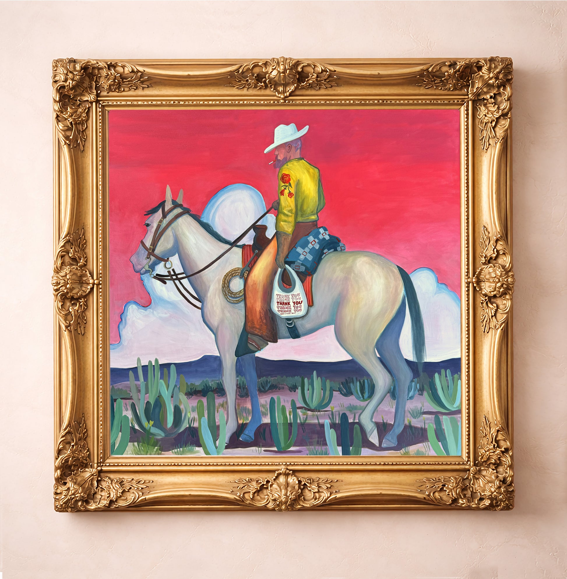 Smoking Cowboy Art Print by Artist Caya Crum is an unexpected version of what one would expect to see in the western art art world -- psychdelic pink skies, cigarettes and the corner store Thank You bag.  Available at crumart.com. This museum quality print is made right here in Texas.