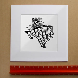 Greetings From Austin art print by Carl Crum shown matted in white