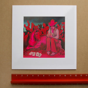 Card Player With Horse Hot Pink shown as a matted art print by Crum Art — square matted print, available at crumart.com. This museum quality print is made right here in Texas.