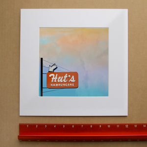 Hut's Hamburgers Print shown as a matted art print by Crum Art — square matted print, available at crumart.com. This museum quality print is made right here in Texas.