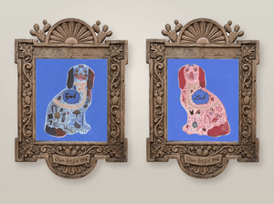 Good Luck Staffordshire dog pair by Caya Crum swinging in carved wood frames, animated