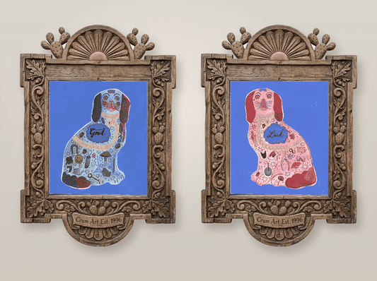 Good Luck Staffordshire dog pair by Caya Crum swinging in carved wood frames, animated