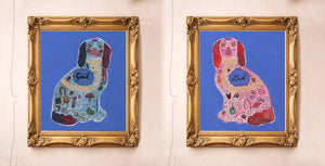 Good Luck Staffordshire dog pair by Caya Crum, both prints in ornate gold frames