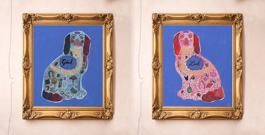 Good Luck Staffordshire dog pair by Caya Crum, both prints in ornate gold frames