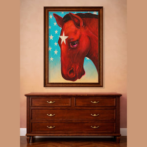 Star Horse Dreamer horse art print above wood dresser with chestnut brown horse portrait and turquoise starry sky