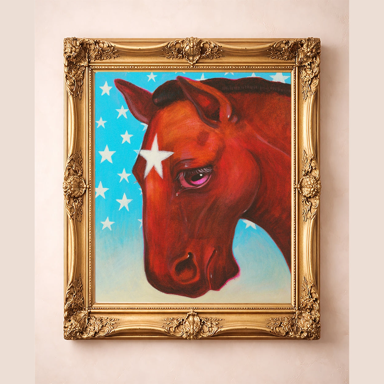 Star Horse Dreamer Western horse art print with soulful chestnut brown horse, white star marking, turquoise starry sky, and ornate gold frame.