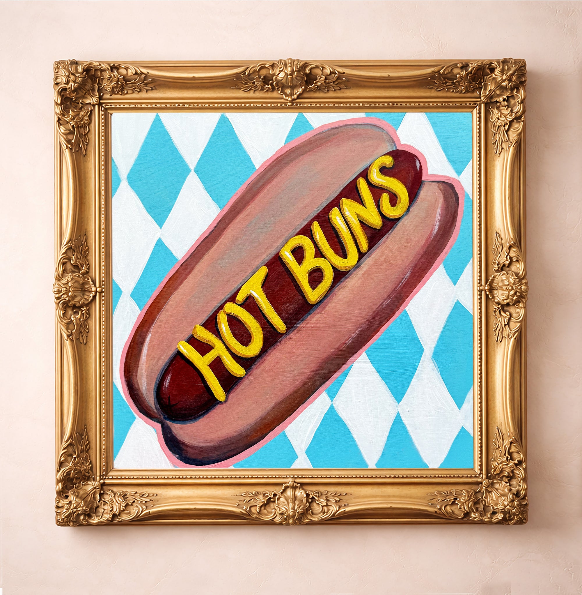 State Fair Hot Dog Art Print by Caya Crum, inspired by blue-ribbon fair food, a cheerful blue-and-white diamond pattern, and the sentimental charm of a hot dog that feels like summer, laughter, and a day out that you wish lasted longer, available at crumart.com. This museum quality print is made right here in Texas.