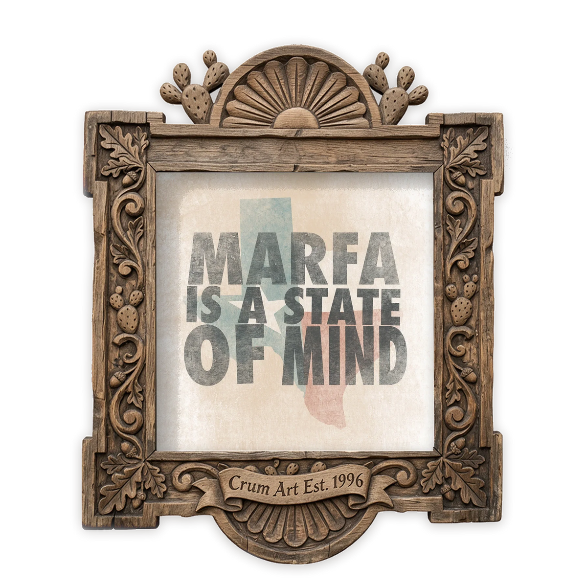 Marfa State of Mind — Marfa art print by Betsy Crum in a square carved wood frame