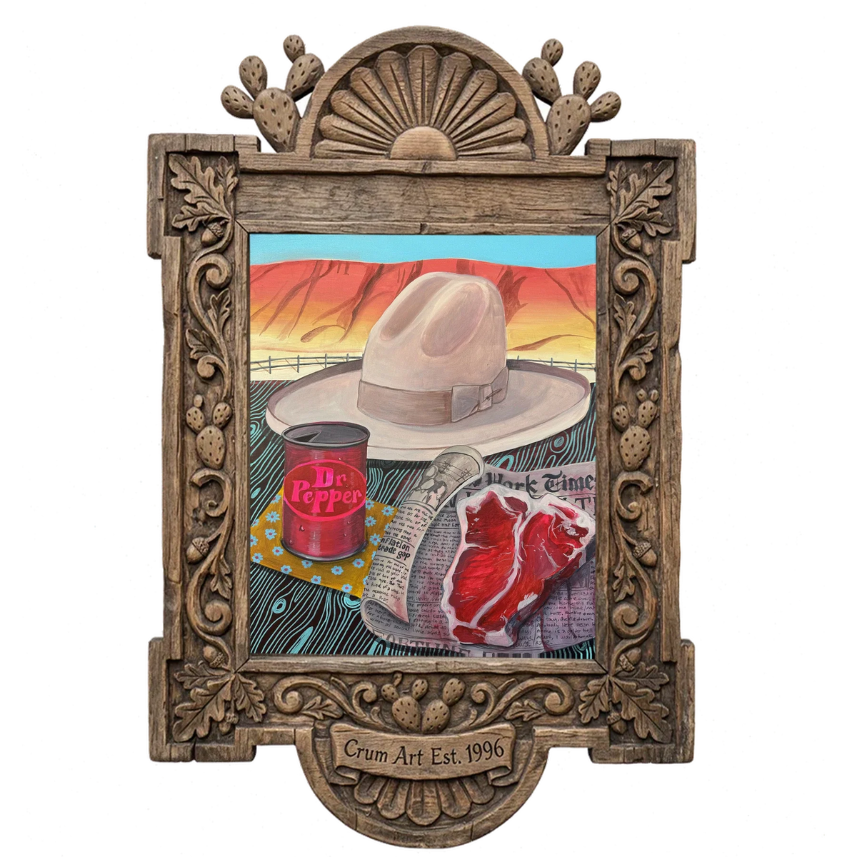Stetson, Steak & Dr Pepper — western art print by Caya Crum in a carved wood frame