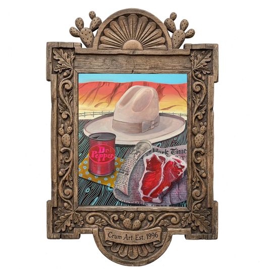 Stetson, Steak & Dr Pepper — western art print by Caya Crum in a carved wood frame
