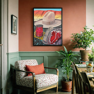 Stetson, Steak and Dr Pepper still life print by Caya Crum framed in a soft corner sitting room